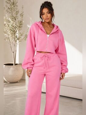 Fashion Nova Pink Cropped Hoodie & Wide Leg Lounge Set